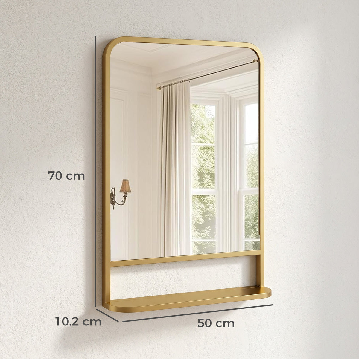HOMCOM Modern Rectangular Wall Mirror with Storage Shelf, 70 x 50 cm, Gold Tone