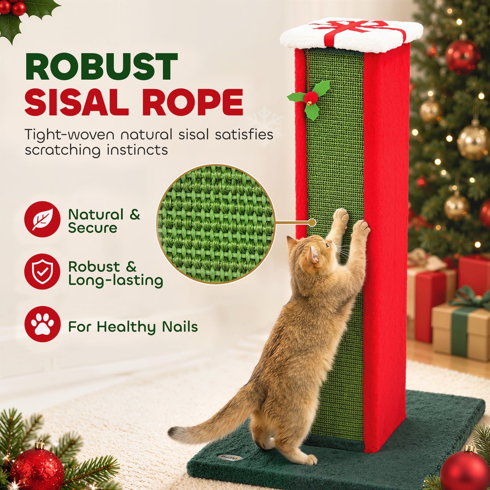 PawHut Cat Scratching Post for Indoor Cats, 81cm Tall Cat Scratcher with Sisal Rope, Hanging Bell Toy, Stable Base, Green & Red