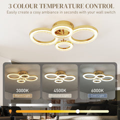 HOMCOM LED Ceiling Light, Modern 4 Rings Ceiling Lamp with Wall Switch Control, 40W 4350lm Flush Mount Ceiling Light with 3500K/4500K/6000K Colour Temperatures for Living Room, Bedroom, Gold Tone