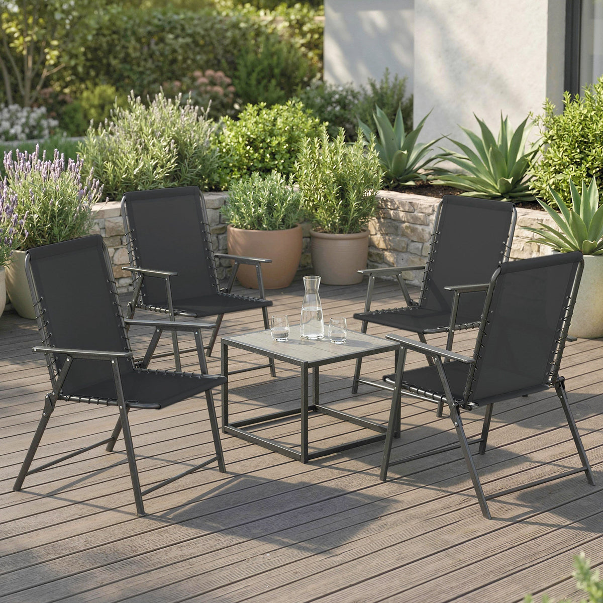 Outsunny Folding Garden Chairs Set of 4, Outdoor Dining Chairs with Wide Texteline Seat, High Back and Armrests, Black