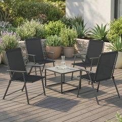 Outsunny Folding Garden Chairs Set of 4, Outdoor Dining Chairs with Wide Texteline Seat, High Back and Armrests, Black