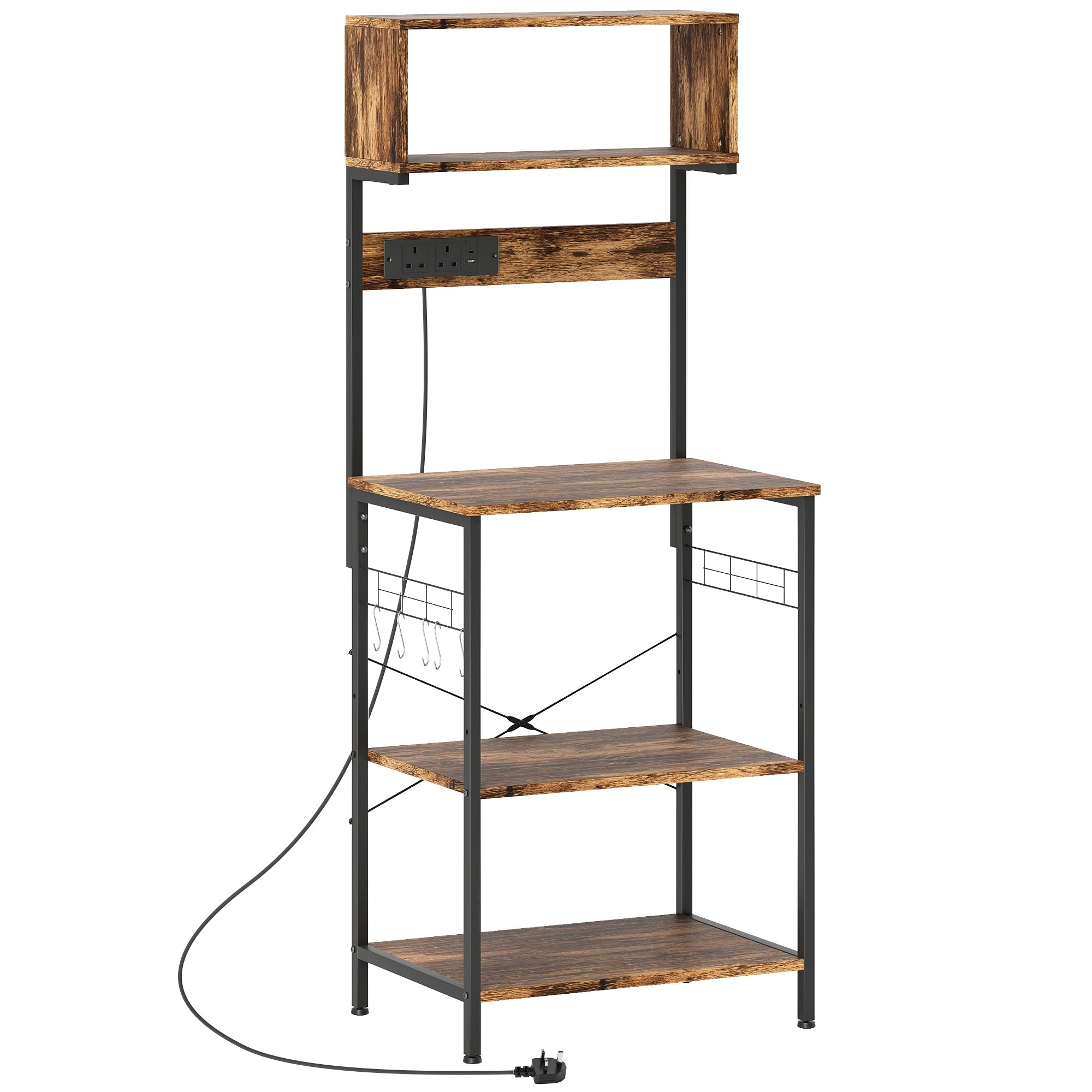 HOMCOM Bakers Rack with Power Outlet, USB Charger, Microwave Stand with Adjustable Shelves, 5 Hooks for Small Spaces, Kitchen Storage Unit for Spices, Pots and Pans, Rustic Brown