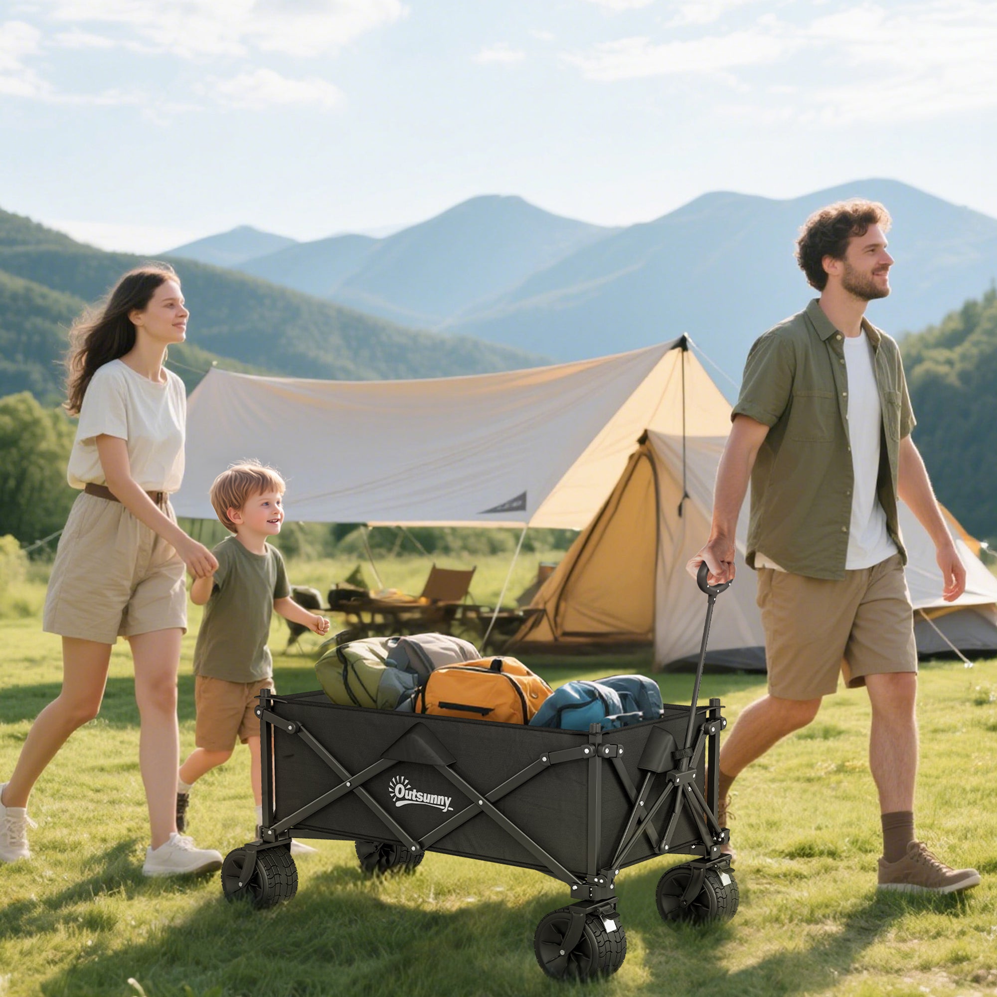 Outsunny Folding Garden Trolley, Outdoor Wagon Cart with Carry Bag, for Beach, Camping, Festival, 120KG Capacity, Black