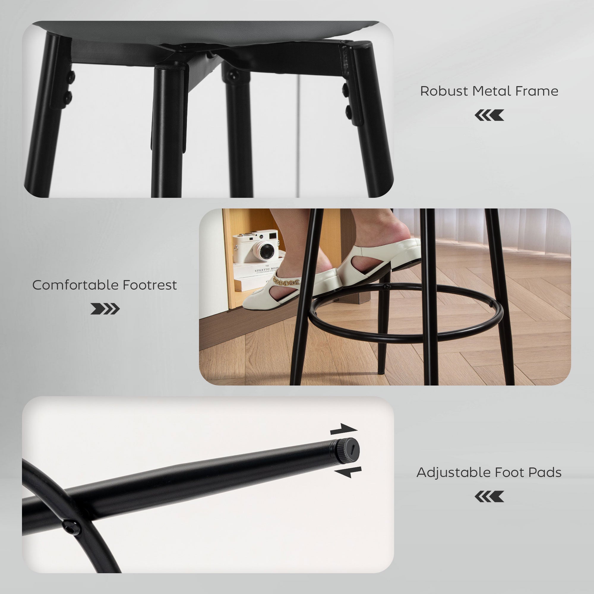 HOMCOM Set of Two Faux Leather Bar Stools - Grey/Black