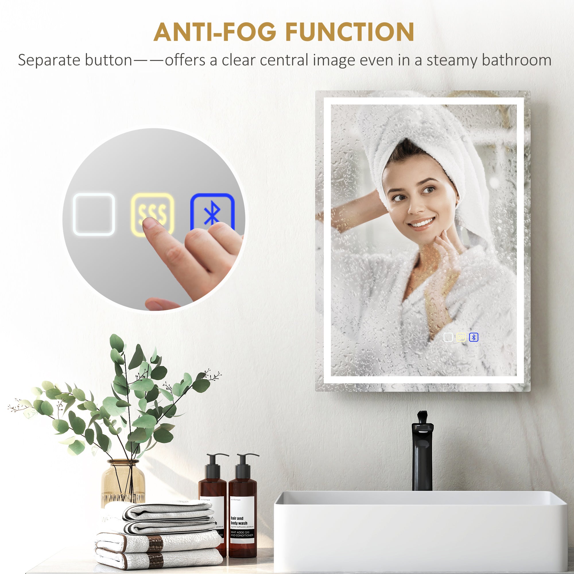 HOMCOM 50 x 70 cm Anti-Fog LED Bathroom Mirror, with Bluetooth - Silver Tone