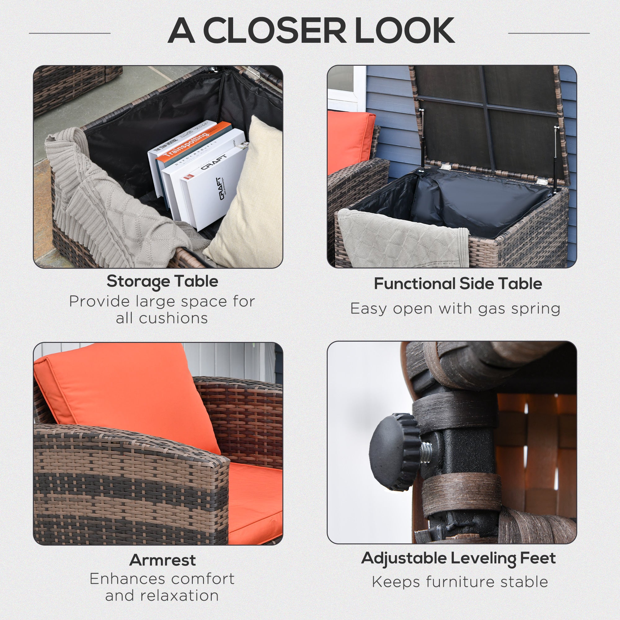 Outsunny 6 Pieces Rattan Garden Furniture Set, 7 Seater Wicker Outdoor Furniture Set with Storage Tea Table & Side Table, Sectional Garden Sofa Set with Cushions, Orange