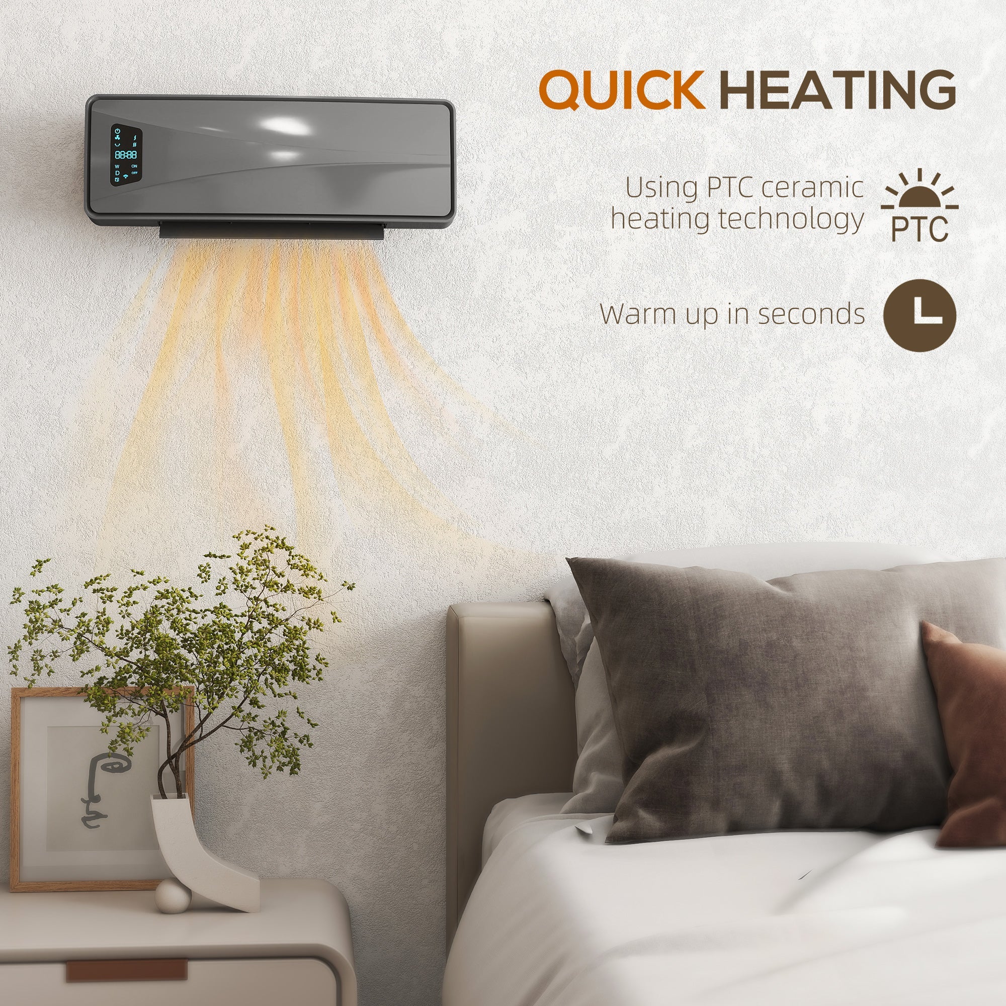 HOMCOM 2000W Ceramic Electric Heater with Fan, Adjustable Thermostat, Wall Mounted - Grey