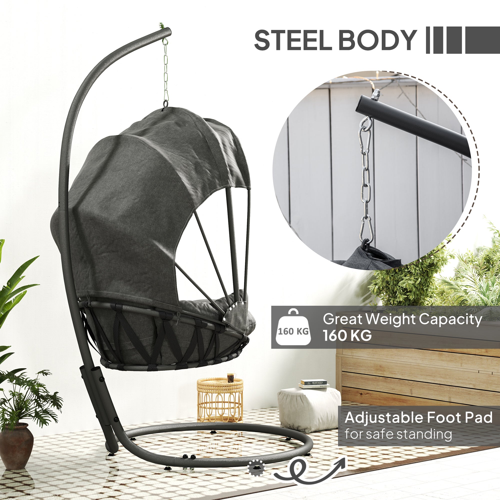 Outsunny Hanging Egg Chair Swing Hammock Chair with Stand, Cushion and Retractable Canopy, for Indoor and Outdoor, Grey