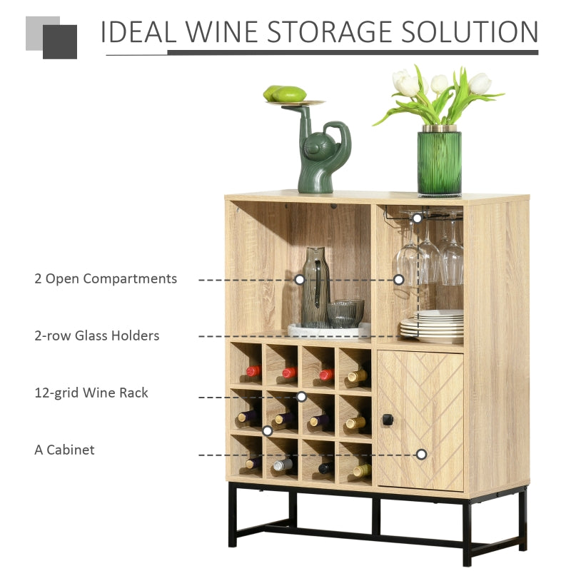 Wine Cabinet for 12 Bottles, Freestanding Wine Rack Sideboard Serving Bar with Glass Holders, Brown