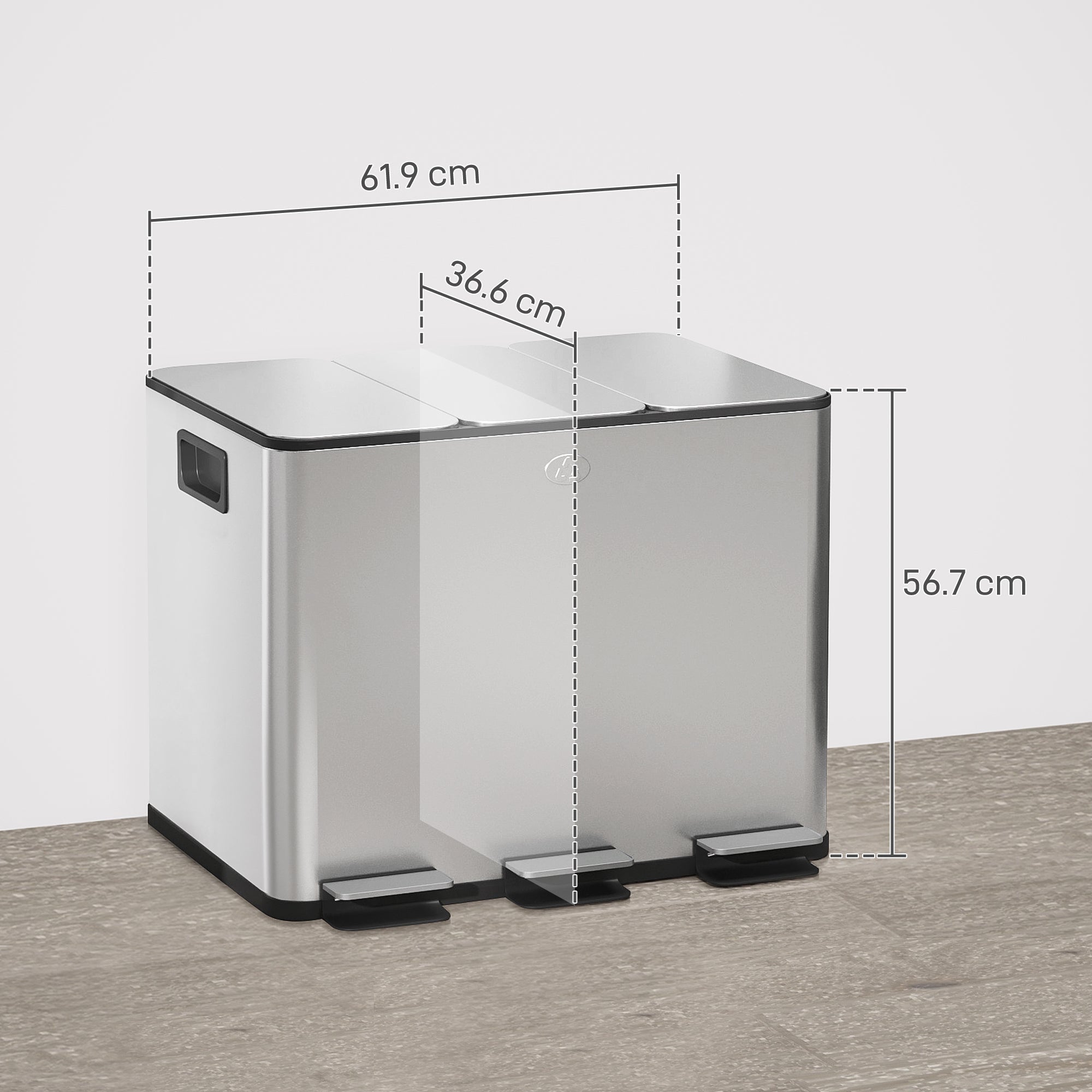 HOMCOM 3 x 20L Pedal Bin, Steel Triple Kitchen Bin with Soft Close Lid, Removable Inner Buckets, Fingerprint-Proof, Silver Tone