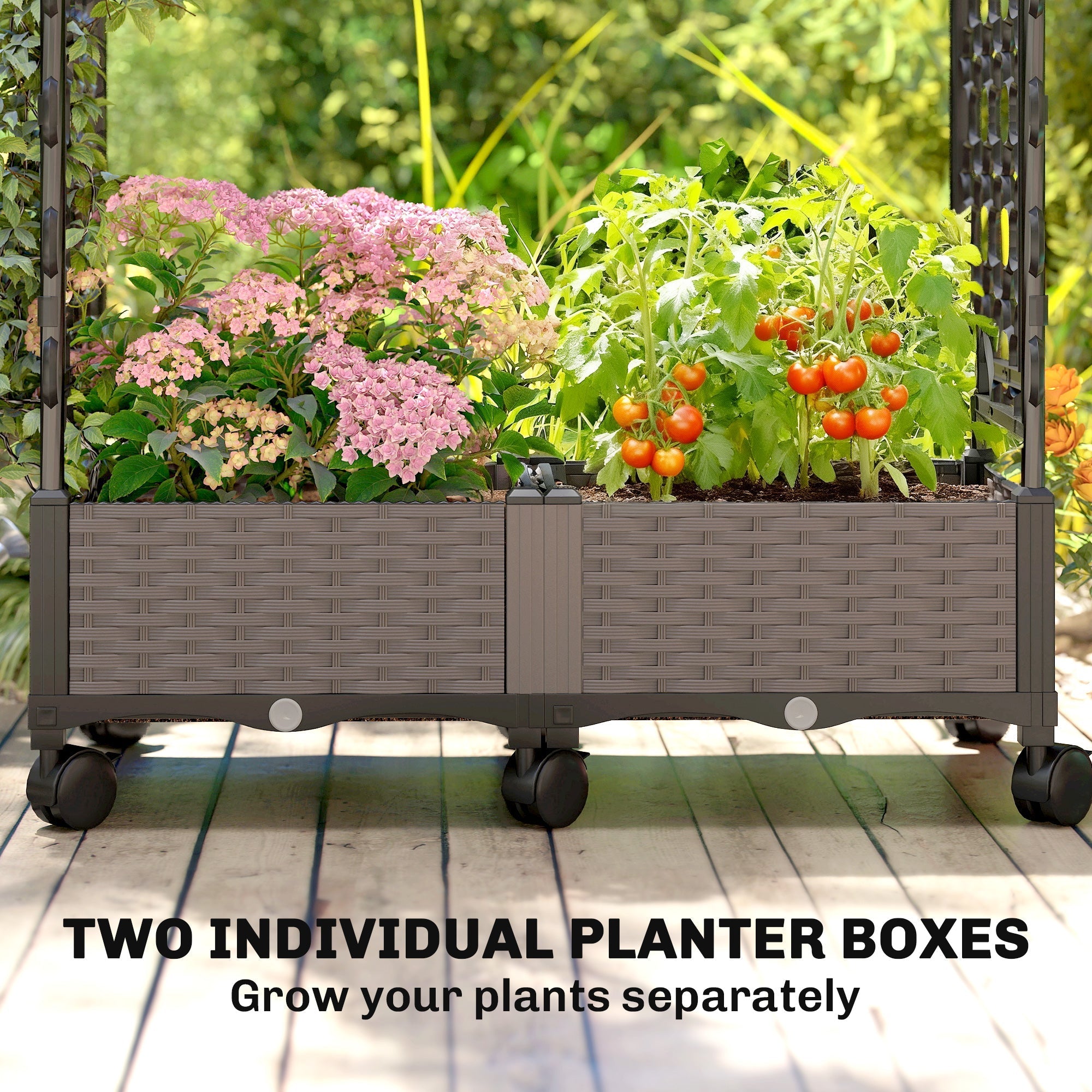 Outsunny Raised Garden Bed with Arch Trellis, Raised Bed for Garden on Wheels with Side Trellis, Self Watering Planter Box