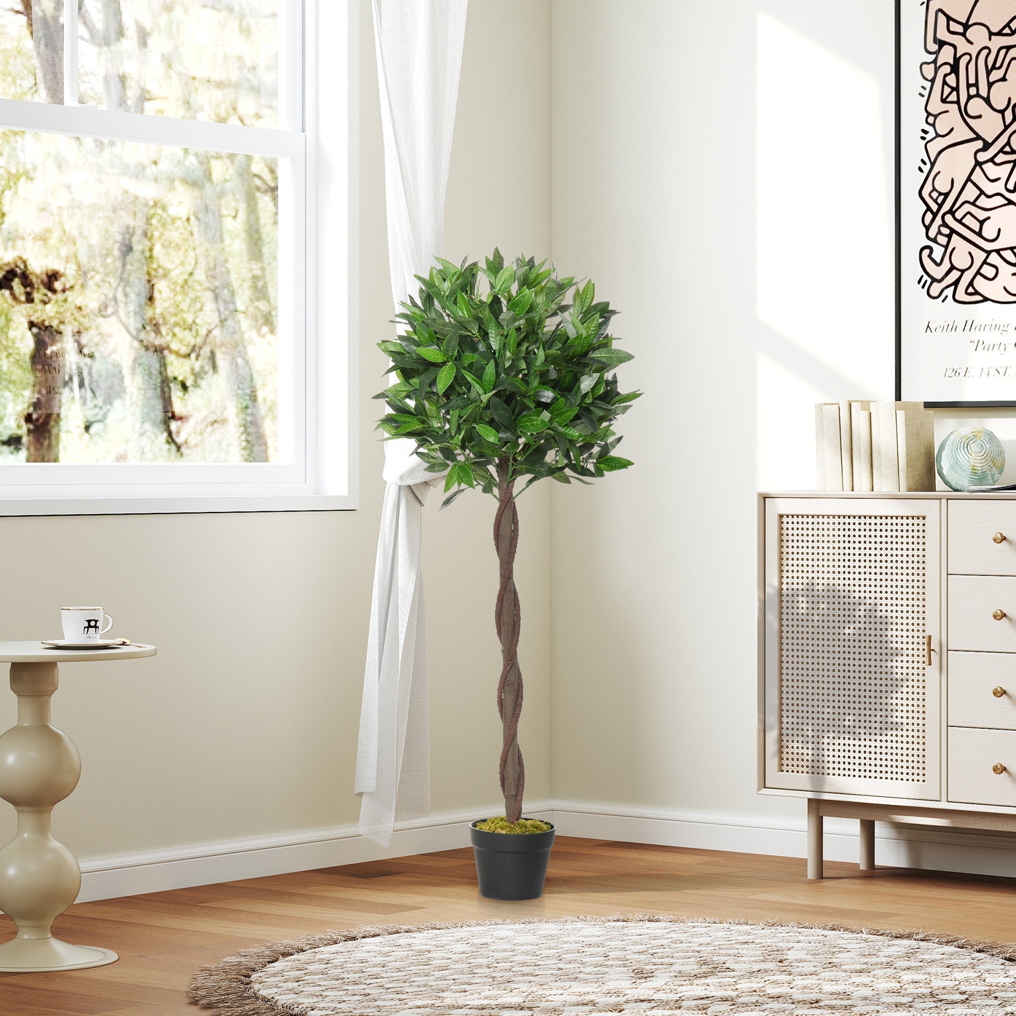 Outsunny Artificial Bay Laurel Topiary Trees w/ Pot Fake, Set Of 2 120cm/4FT Indoor Greenery Plant Home Office Garden Decor Green