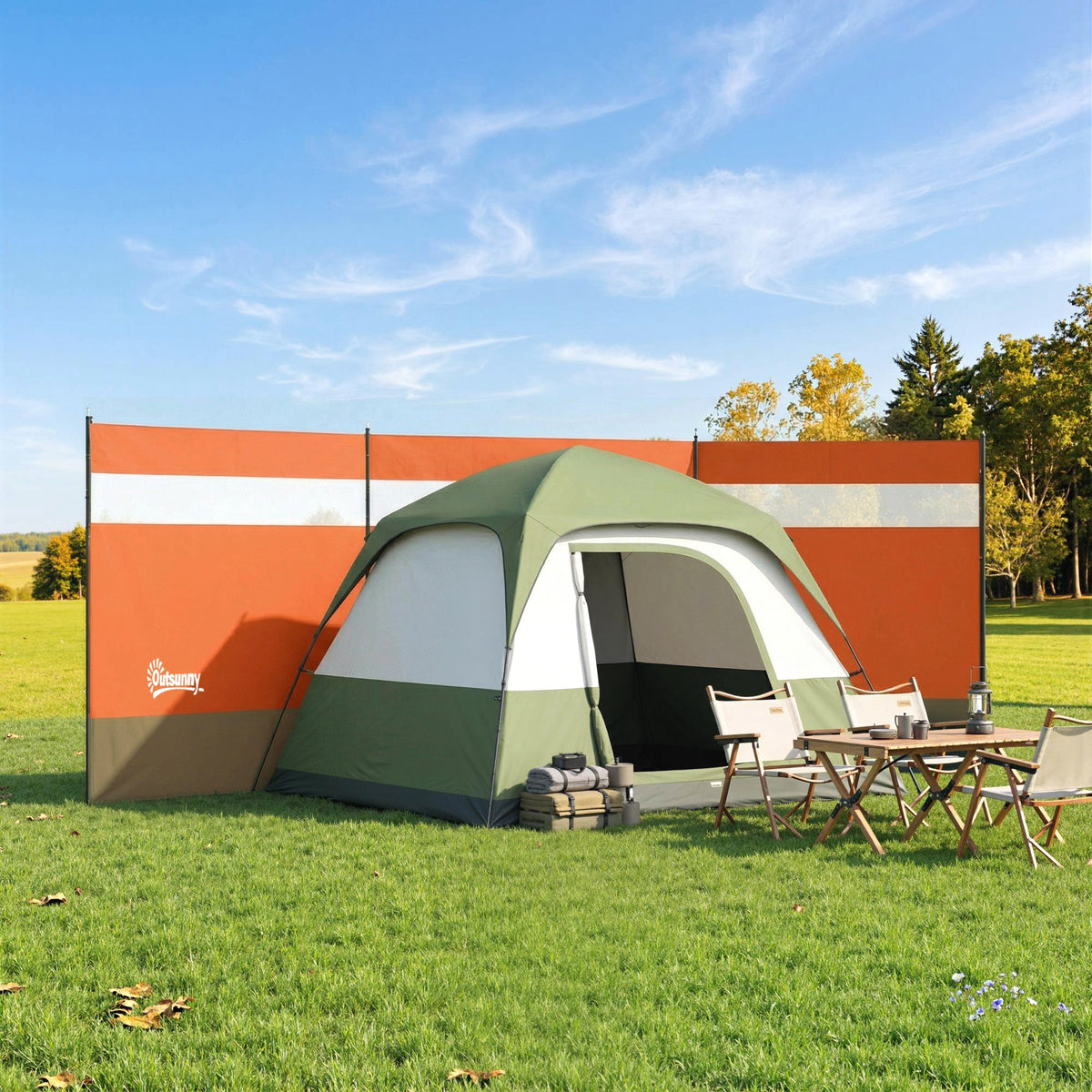 Outsunny Camping Windbreaker with Clear Windows and Steel Poles, for Beach Caravan Campervan, 440 x 140cm, Orange