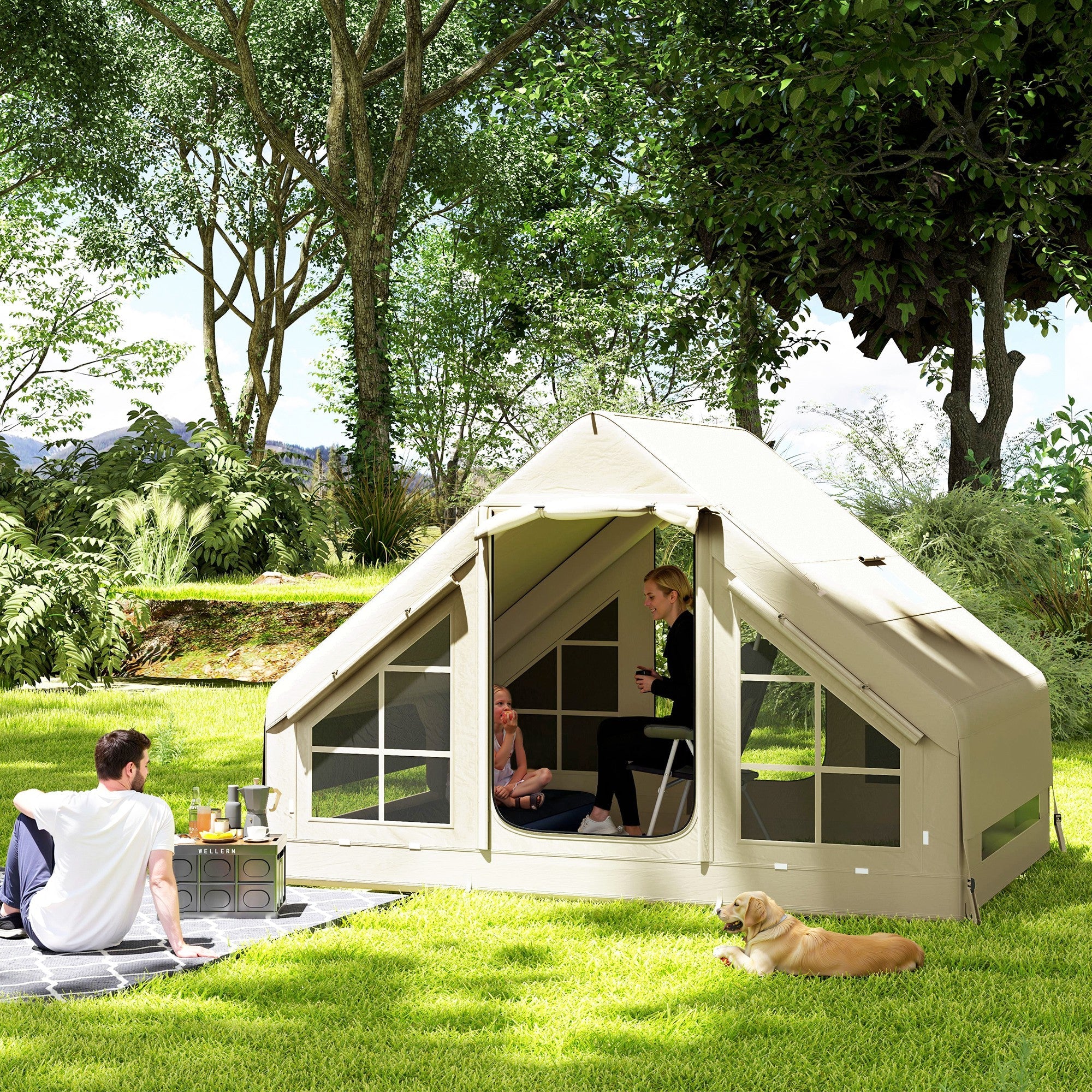 Outsunny Inflatable Camping Tent with Pump and Stove Jack Hole, Easy Setup 2-4 Person Blow Up Tent, Waterproof Luxury Inflatable Tent with Mesh Windows, Doors, Hook and Carry Bag, Beige
