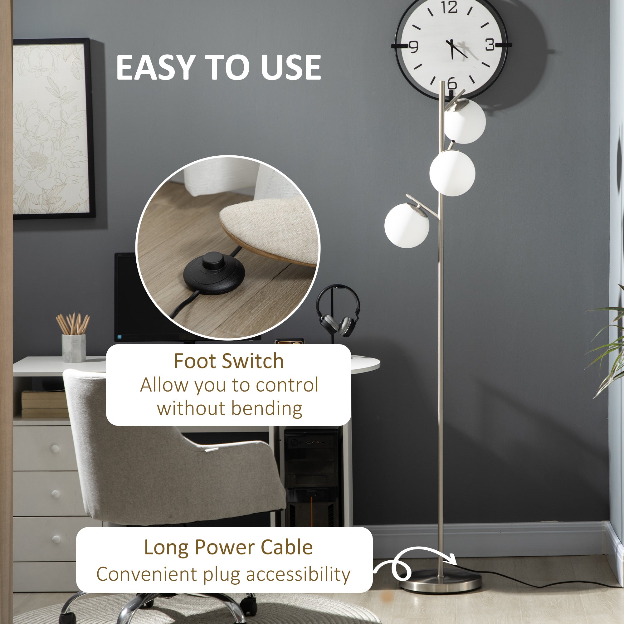 HOMCOM 3-Light Tree Floor Lamps for Living Room, Modern Standing Lamp for Bedroom with Globe Lampshade, Steel Base, Bulb not Included, Silver Tone