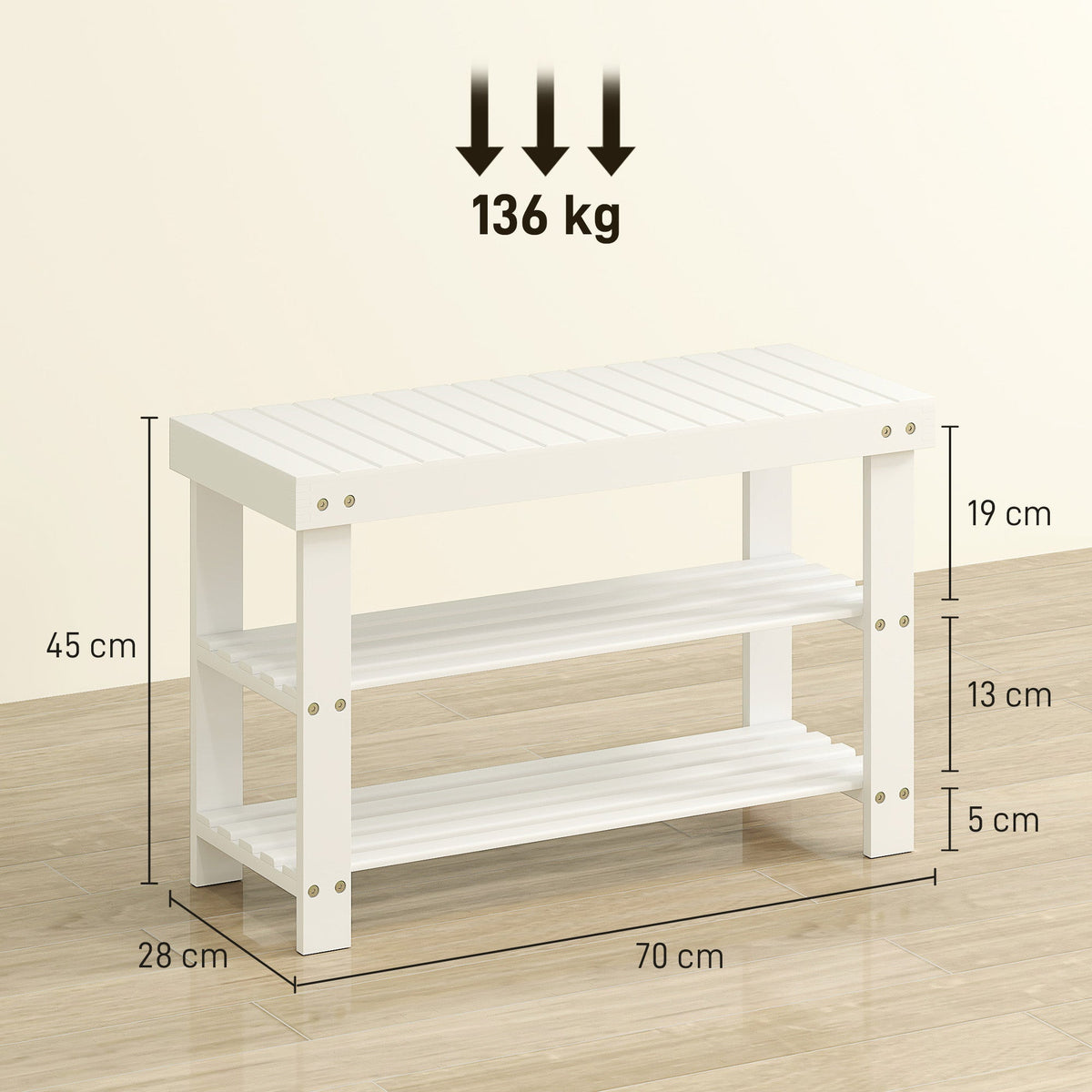HOMCOM Two Shelf Bamboo Shoe Storage Bench - White