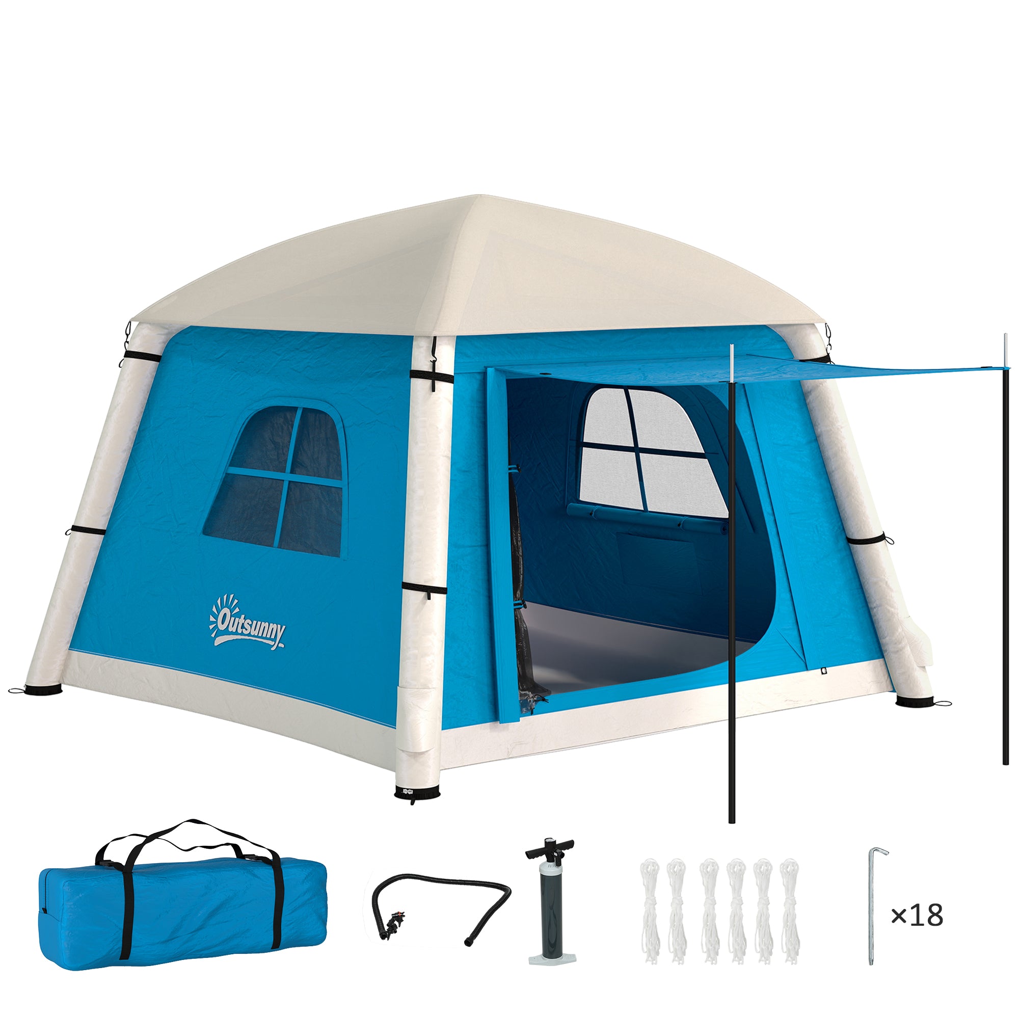 Outsunny Inflatable Camping Tent w/ Hand Pump, Easy Setup 1/2 Person Blow Up Tent Waterproof 190T Taffeta w/ Mesh Windows, Doors and Carry Bag, Light Blue
