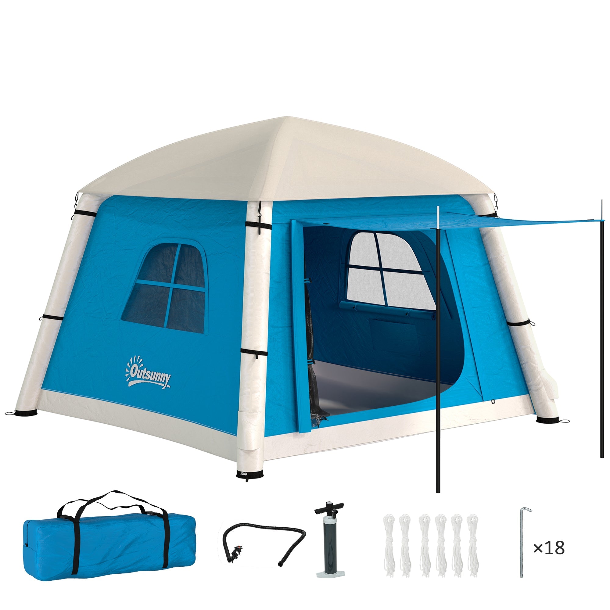 Outsunny Inflatable Camping Tent w/ Hand Pump, Easy Setup 1/2 Person Blow Up Tent Waterproof 190T Taffeta w/ Mesh Windows, Doors and Carry Bag, Light Blue