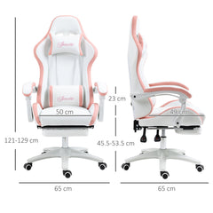 Vinsetto Computer Gaming Chair, PU Leather Office Desk Chair with Footrest, Swivel Wheels, 135 Reclining Back, Lumbar Support, Headrest for Home, White and Pink