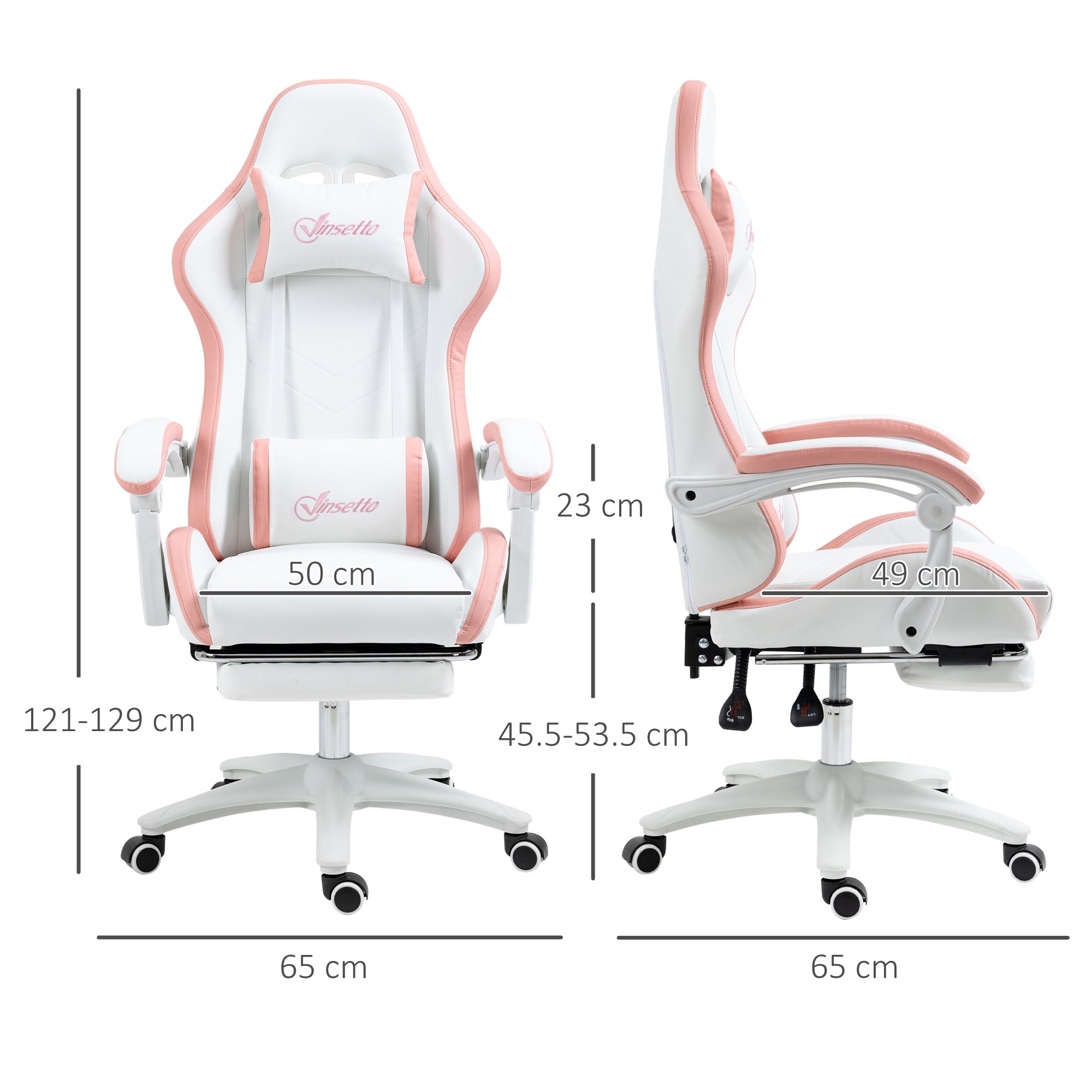 Vinsetto Computer Gaming Chair, PU Leather Office Desk Chair with Footrest, Swivel Wheels, 135 Reclining Back, Lumbar Support, Headrest for Home, White and Pink