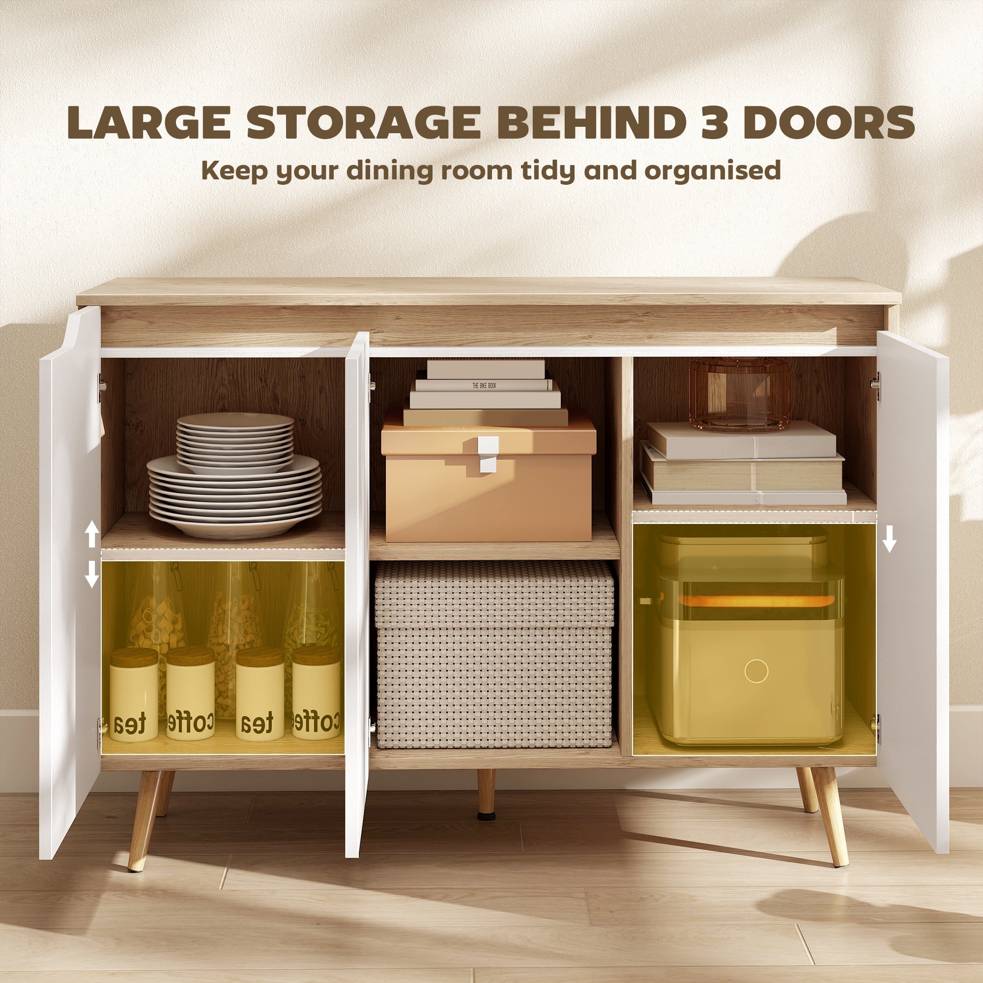 HOMCOM Sideboard Storage Cabinet, Kitchen Cupboard with 3 Doors, 2 Adjustable Shelves and 5 Rubberwood Legs, White and Oak