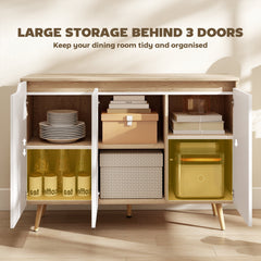 HOMCOM Sideboard Storage Cabinet, Kitchen Cupboard with 3 Doors, 2 Adjustable Shelves and 5 Rubberwood Legs, White and Oak