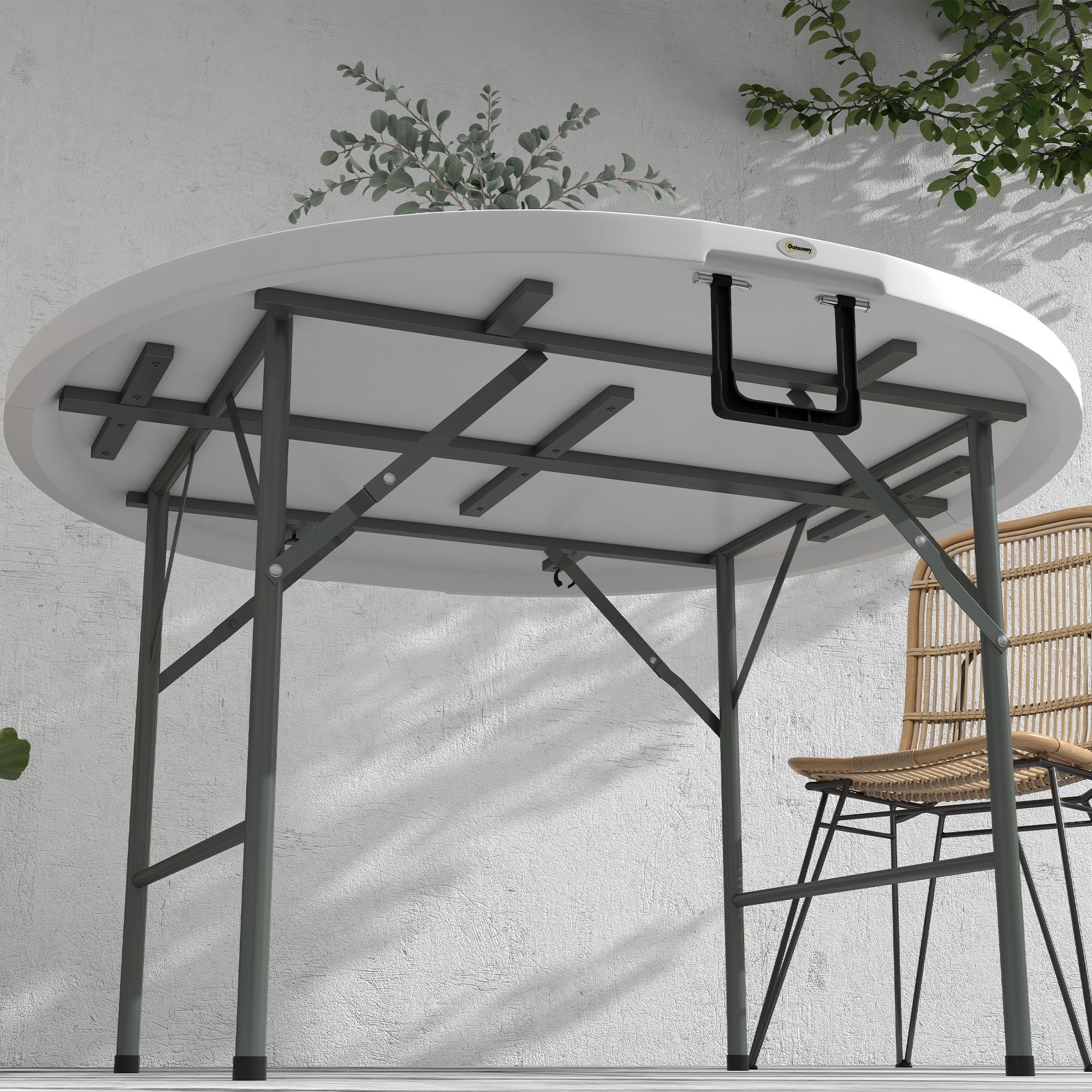 Outsunny Folding Garden Table, 122 cm Round HDPE Outdoor Picnic Table for 6, Metal Frame for Patio, Park, White