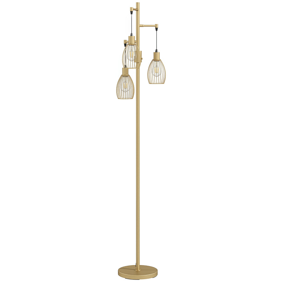 HOMCOM 170.5cm Industrial Dimmable Standing Lamp, 3-Light Floor Lamp with Steel Wire Cage Lampshades, Gold Tone