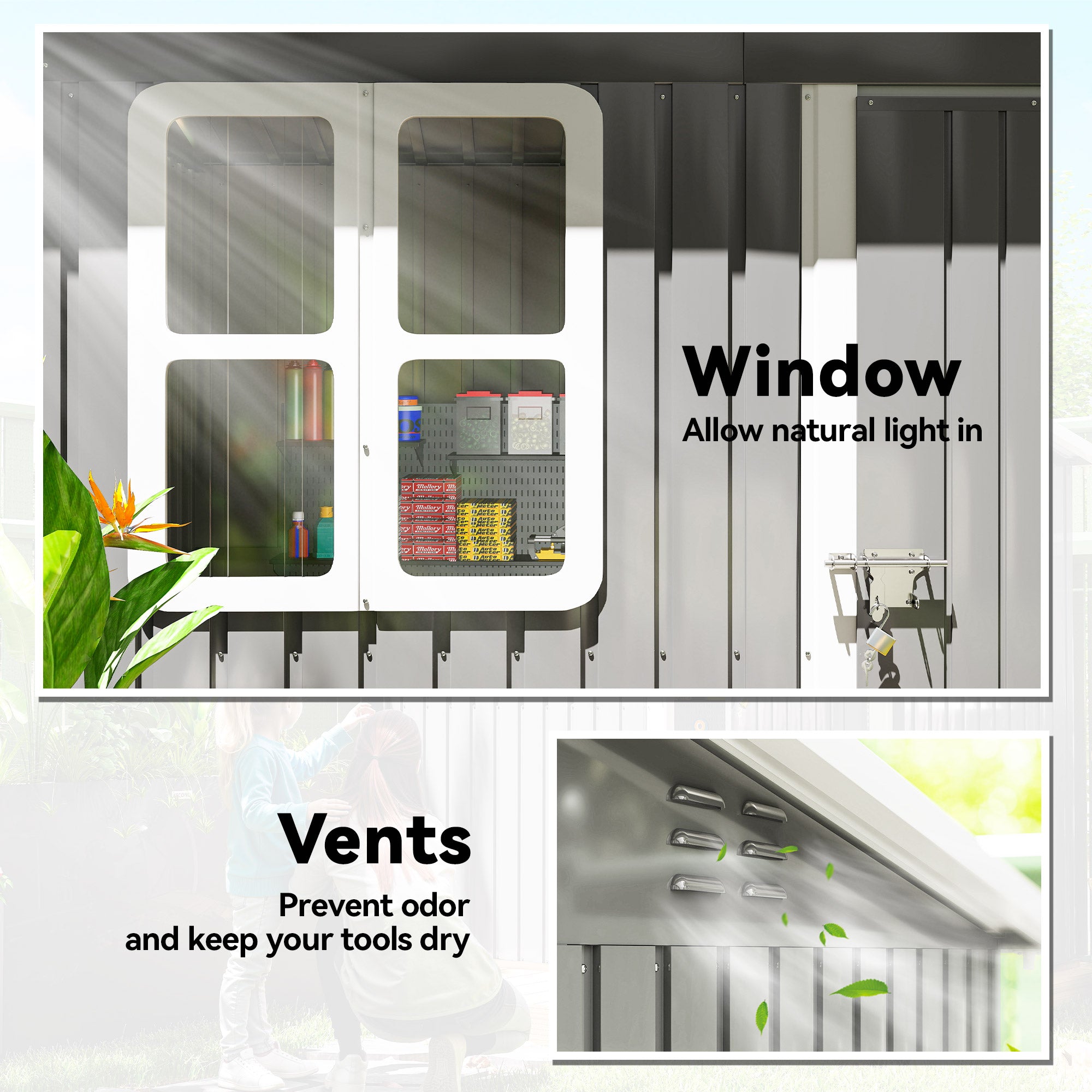 Outsunny 7 x 4ft Galvanised Steel Garden Shed, with Lock and Gloves - Grey