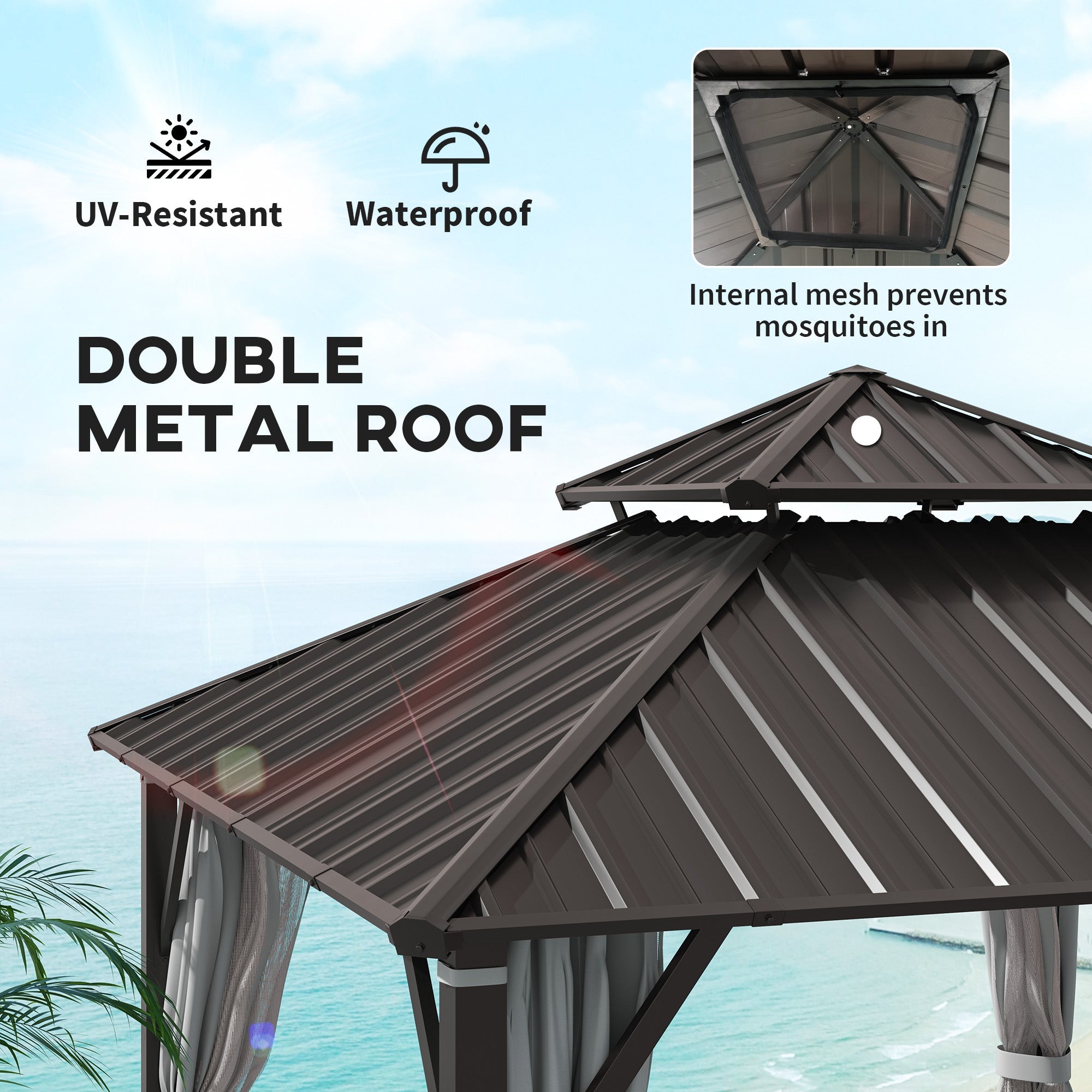 Outsunny 3 x 3(m) Hardtop Gazebo Canopy with Metal Roof, Waterproof Permanent Pavilion Garden Gazebo with Netting, Curtains, Grey