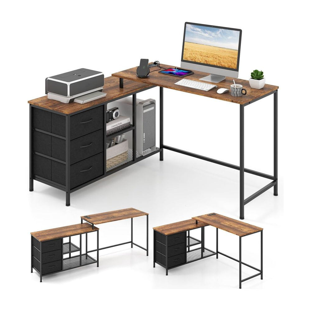 L-Shaped Computer Desk with Drawers Shelves and Charging Station shown in two different layouts