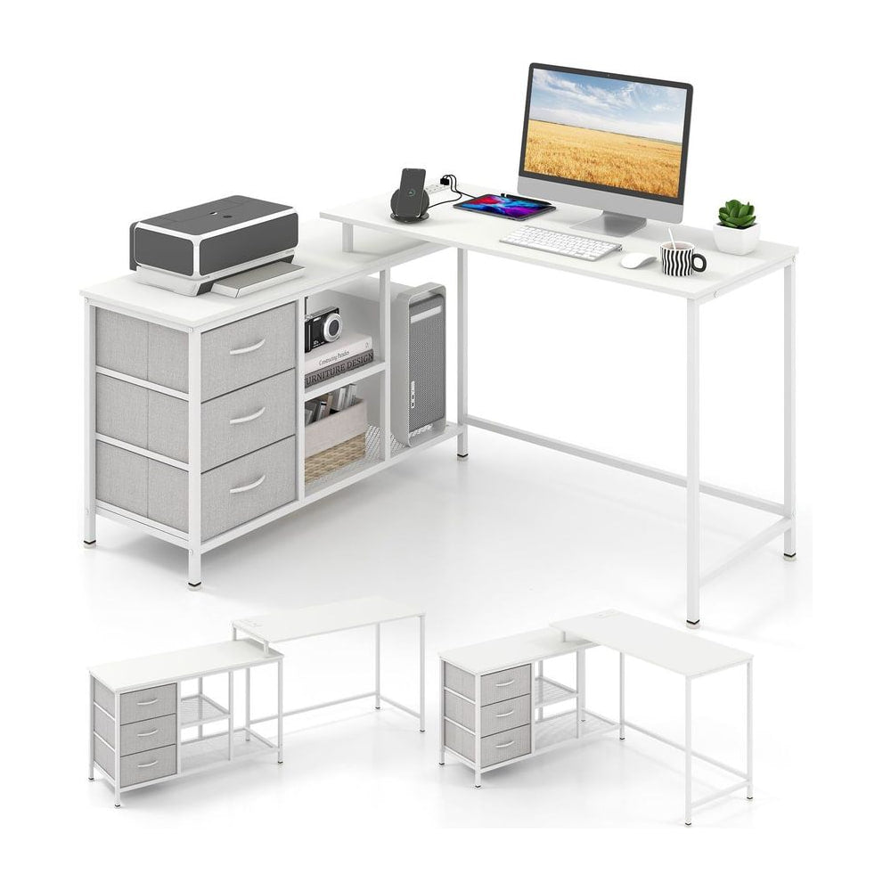 L-Shaped Computer Desk with Drawers Shelves and Charging Station shown in three different angles