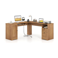 L-shaped Computer Desk in natural wood finish with a cabinet on the left and drawers on the right