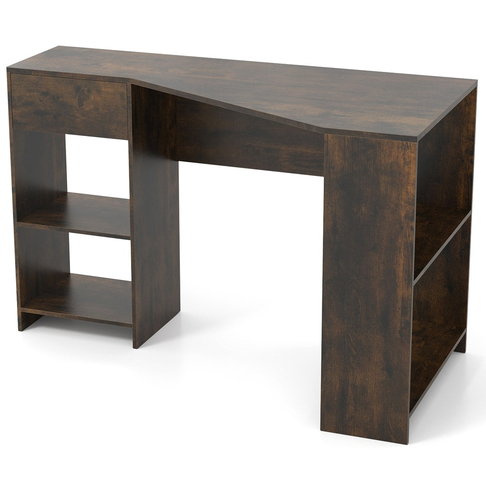 L-Shaped Computer Desk in rustic brown with open shelving and a single drawer