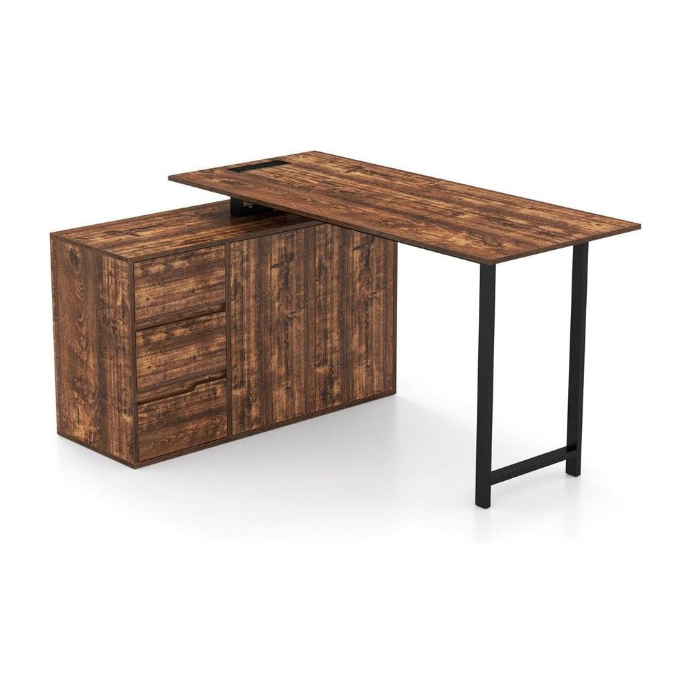 L-Shaped Desk with File Cabinet and Power Outlet in a brown wood finish with a black metal frame