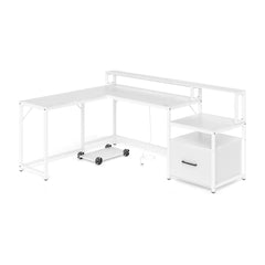 L-shaped Desk with Power Outlet and File Drawer in white metal frame with a shelf above the drawer