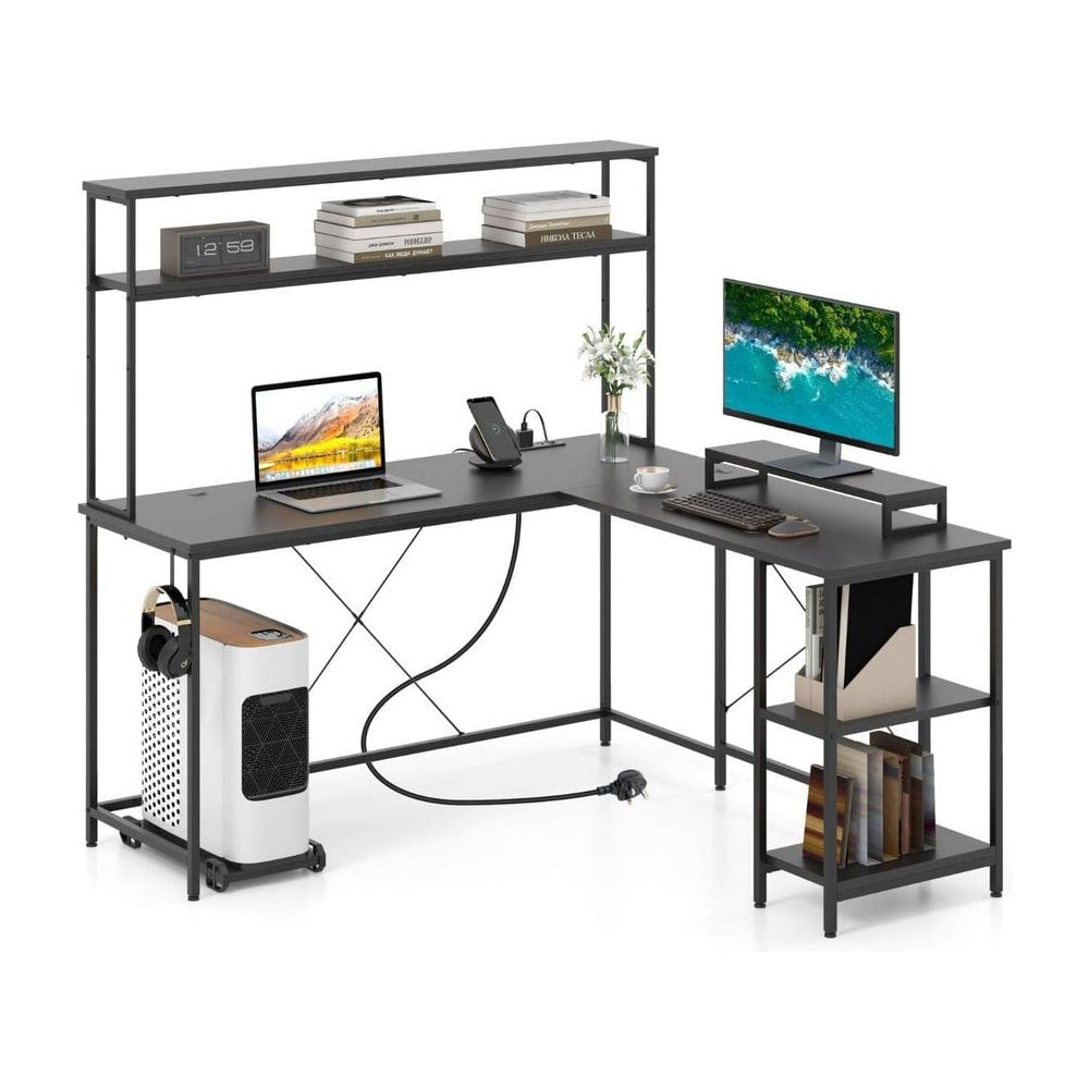 L-Shaped Gaming Desk with LED Strip and Power Outlets in Black