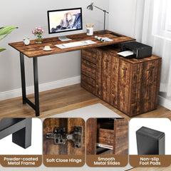 The office desk with close-up insets showing the metal frame, hinges, drawer slides and feet