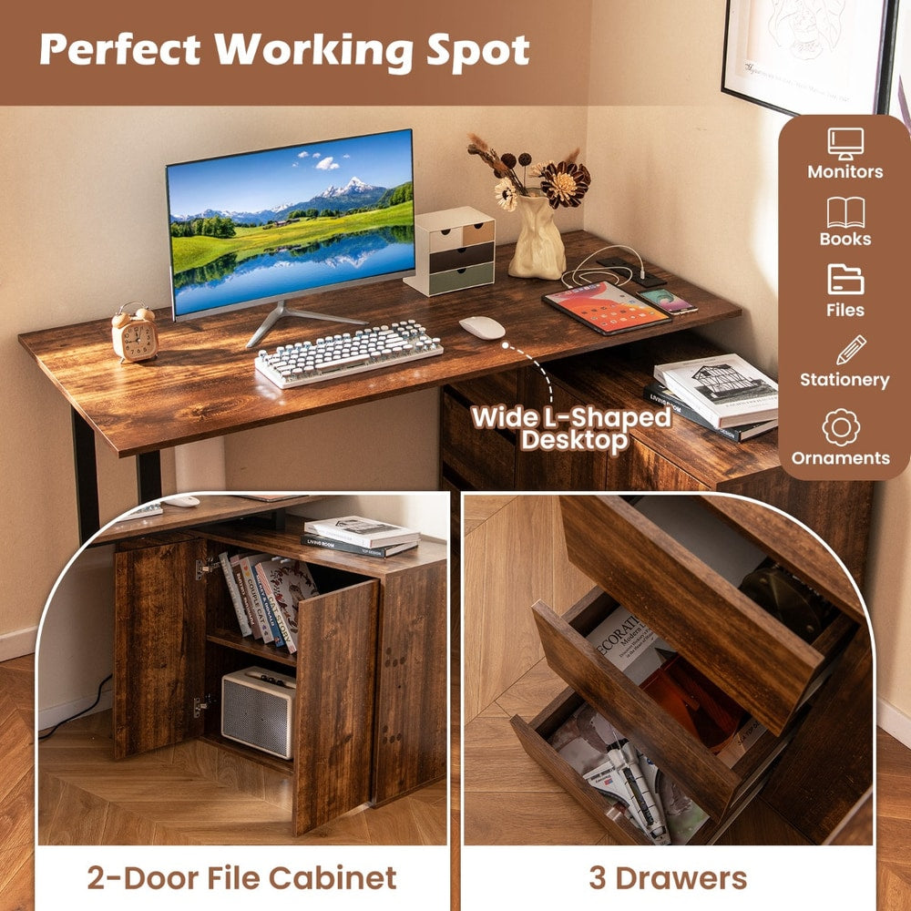 The office desk highlighting the storage space inside the two-door cabinet and three drawers