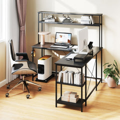 L-Shaped Gaming Desk with LED Strip and Power Outlets in Black