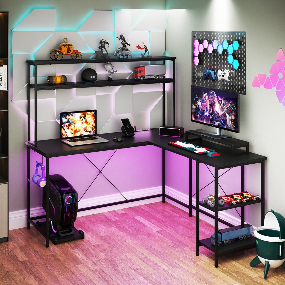 L-Shaped Gaming Desk with LED Strip and Power Outlets in Black