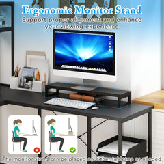 L-Shaped Gaming Desk with LED Strip and Power Outlets in Black