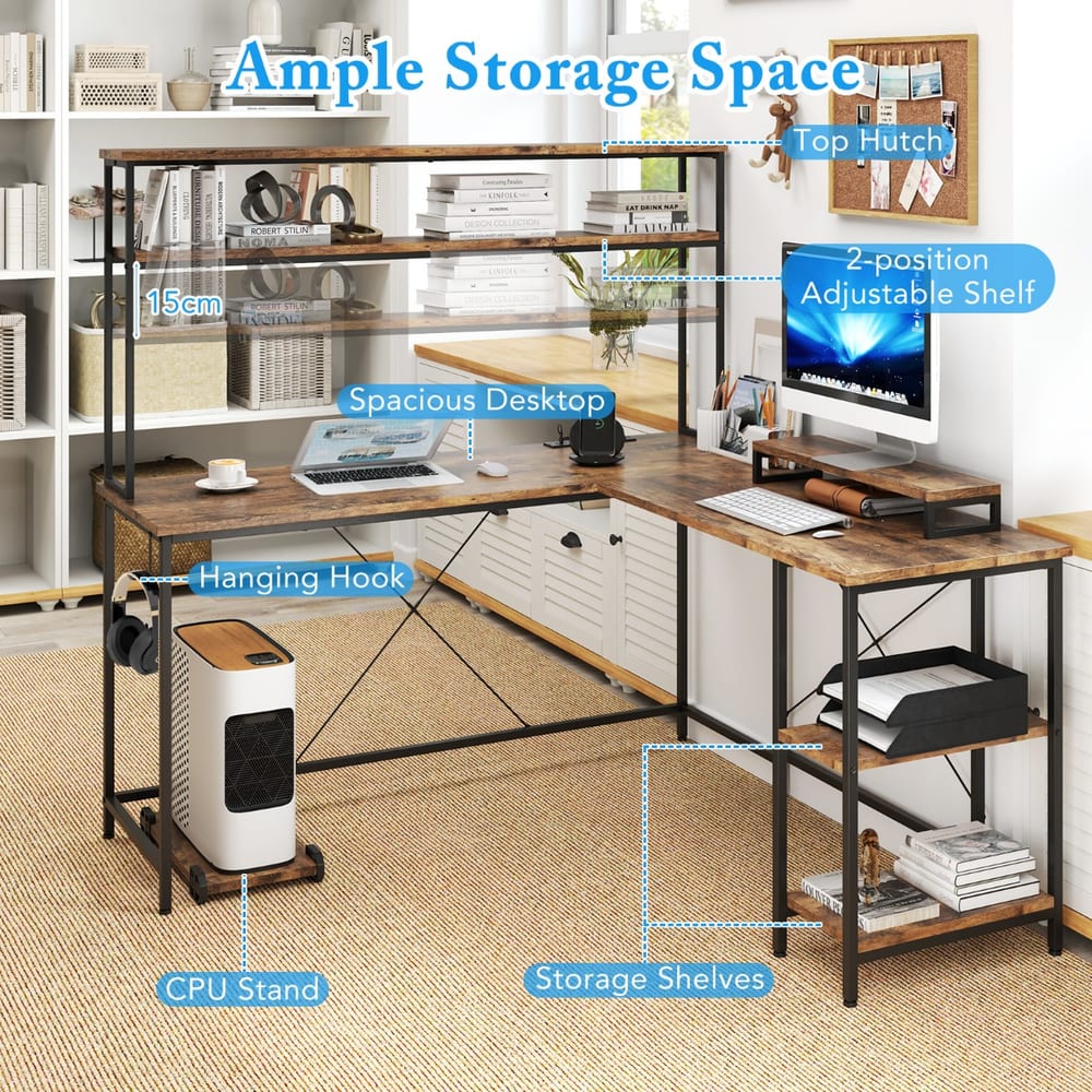 The office desk highlighting storage features like the hutch and shelves