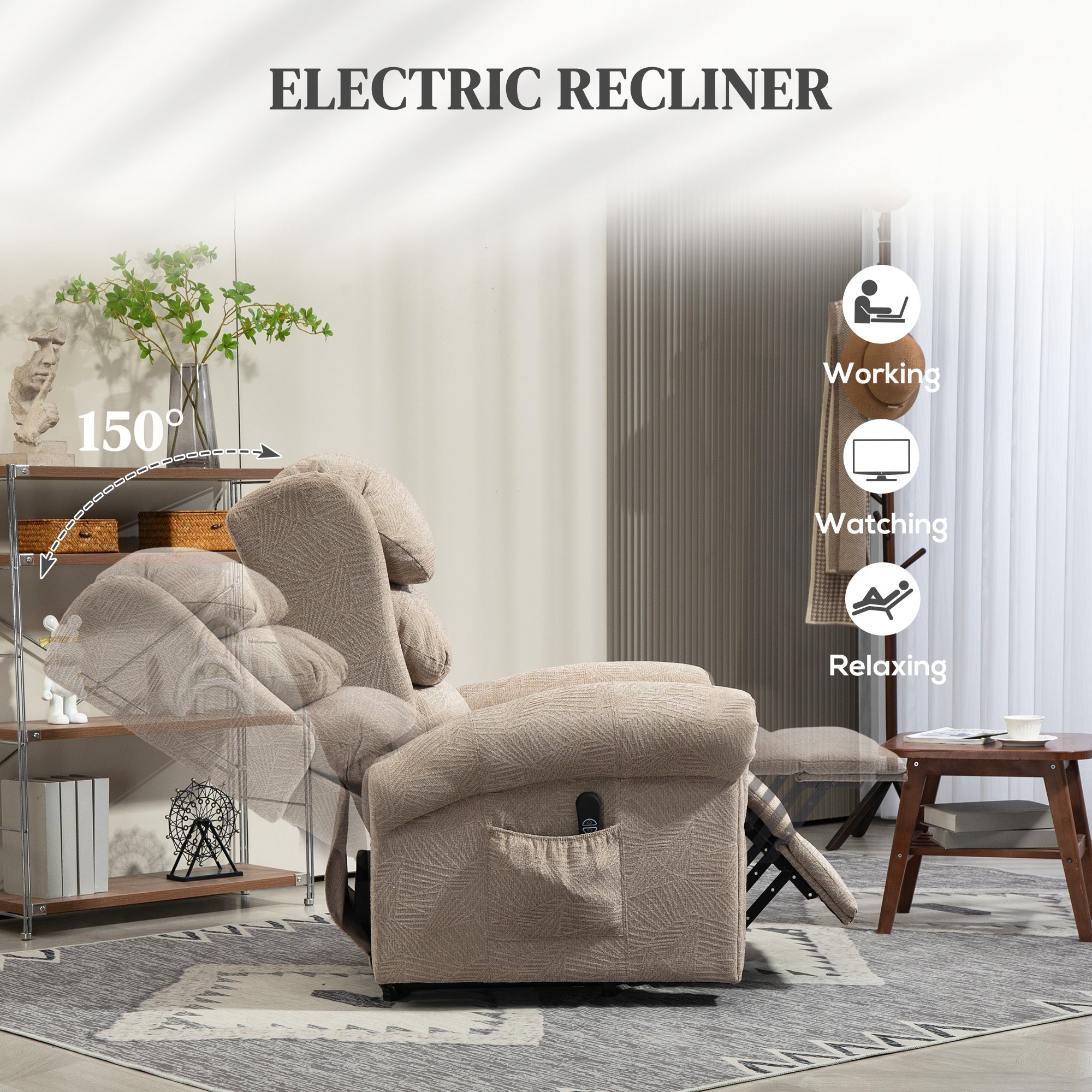 HOMCOM Velvet-Feel Electric Riser Recliner Chair - Khaki