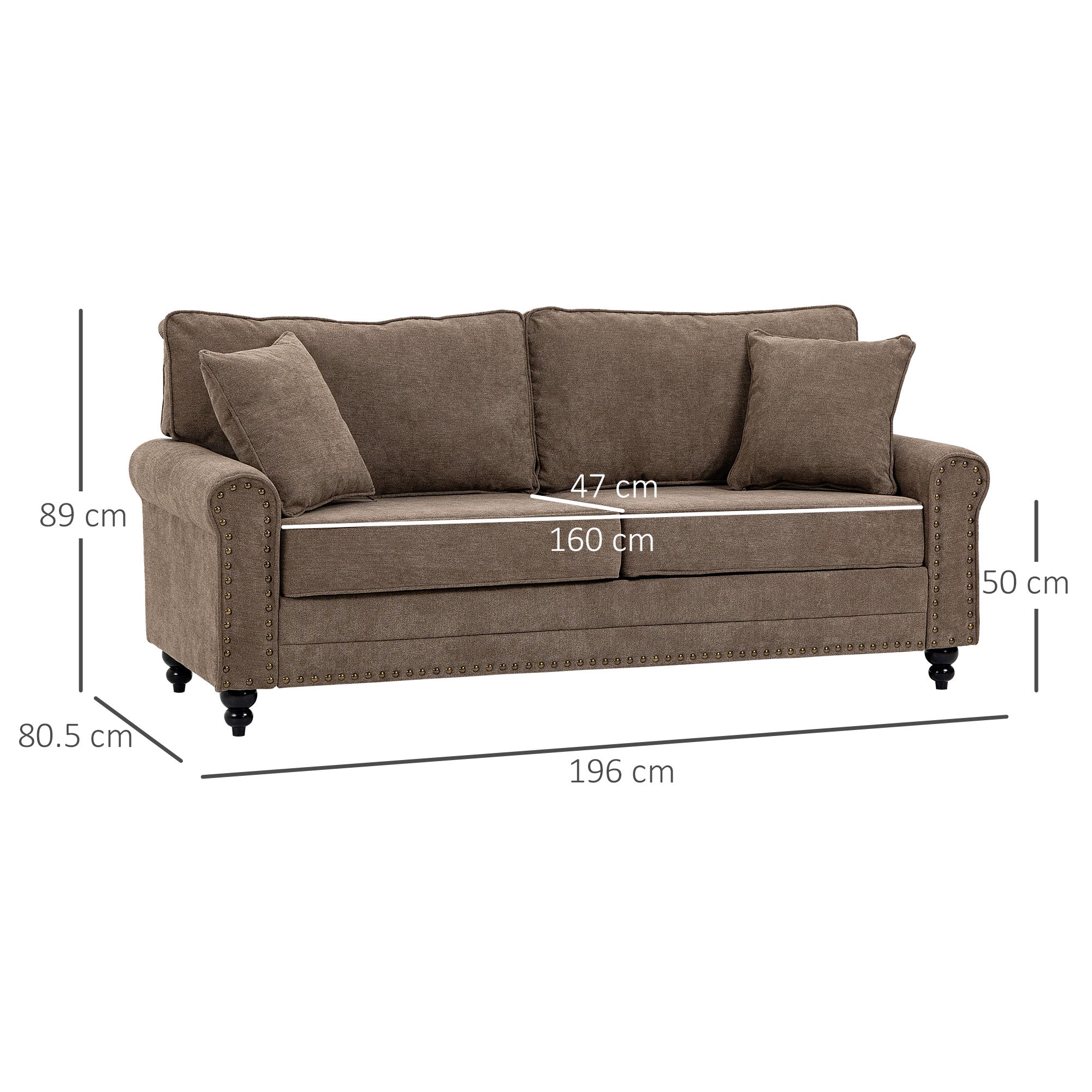 HOMCOM 196cm 3 Seater Sofa, Fabric Sofa with Rubber Wood Legs, Nailhead Trim, 2 Pillows, Small Upholstered Couch Settee for Living Room, Guest Room, Brown