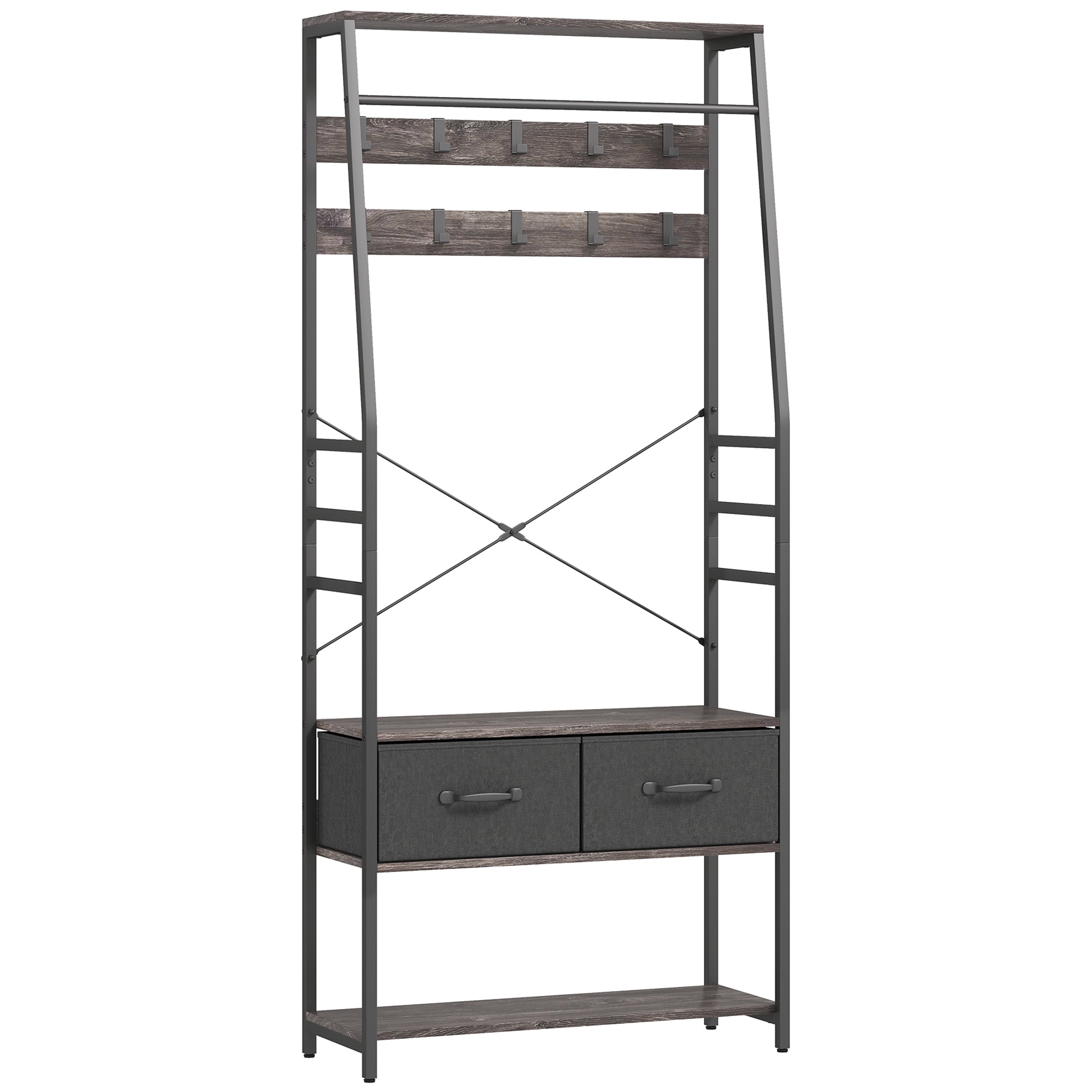 HOMCOM Coat Rack with Shoe Storage, Hall Tree, Industrial Coat Stand with Shoe Bench, 10 Removable Hooks, 2 Fabric Drawers and Clothes Rail for Entryway, Hallway, Grey