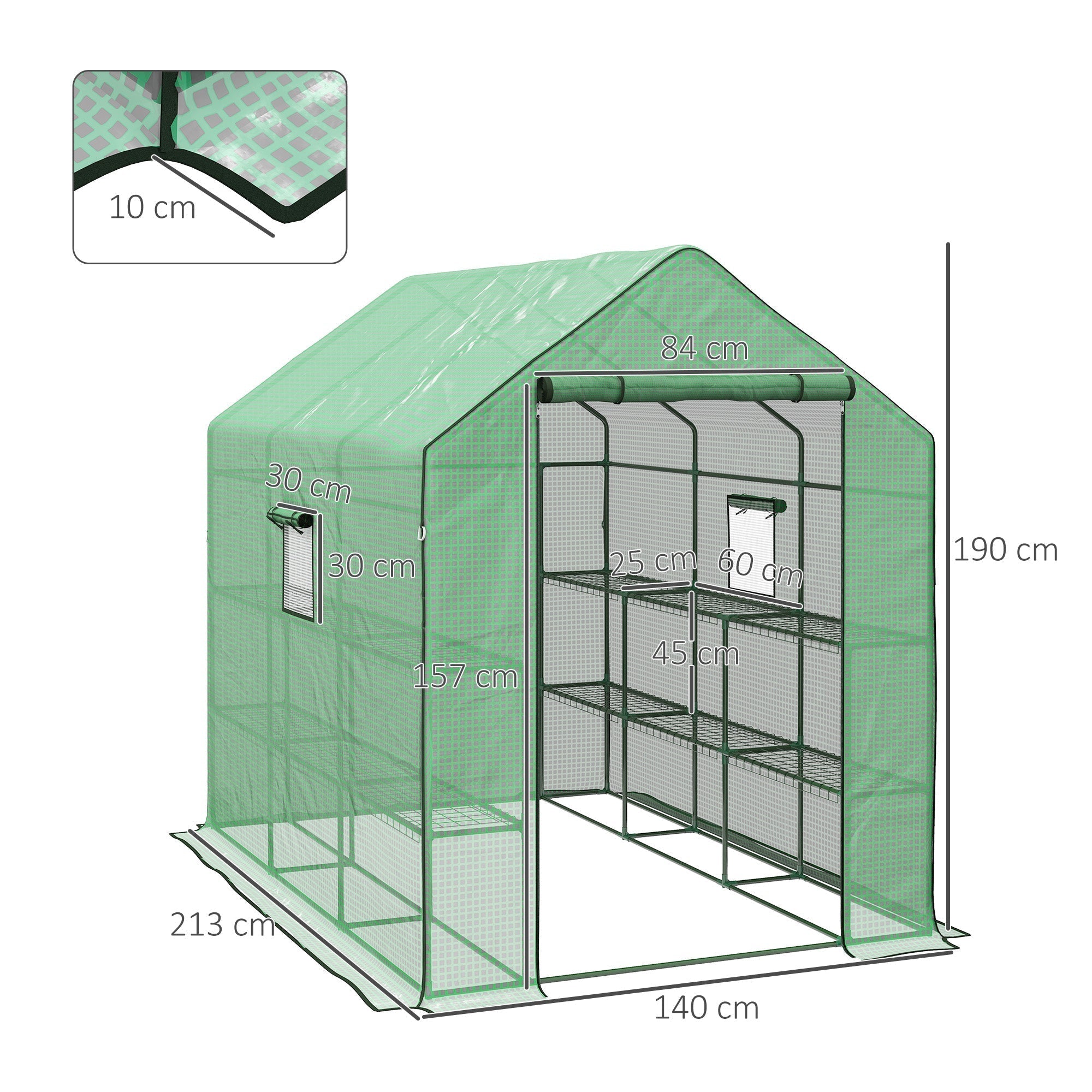 Outsunny Walk-in Greenhouse with 3 Tier 12 Shelves, Small Greenhouse with Reinforced PE Cover, Garden Plant Growhouse with Roll-up Door and Three Mesh Windows, 140 x 213 x 190 cm, Green