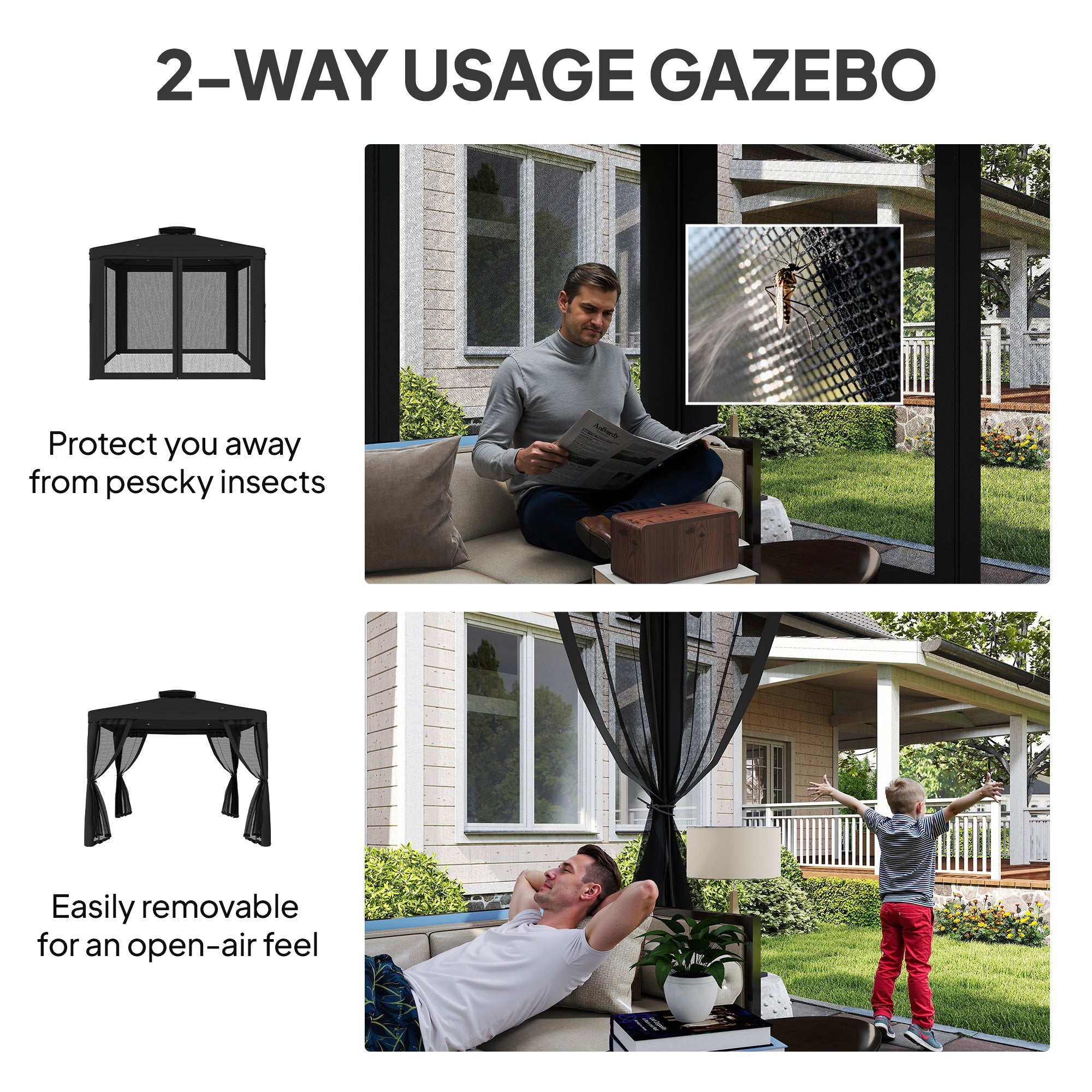 Outsunny 3 x 3 m Metal Gazebo, Garden Pavillion, DoubleÂ Roof Outdoor Canopy Shelter with Mesh Sidewalls, Black