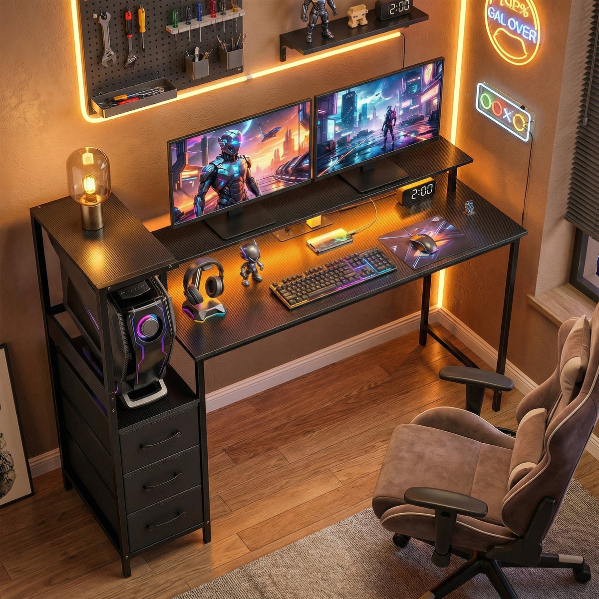 HOMCOM 147cm Gaming Desk with Charging Station and Monitor Stand, Computer Table for Home Office with RGB Lights, Black