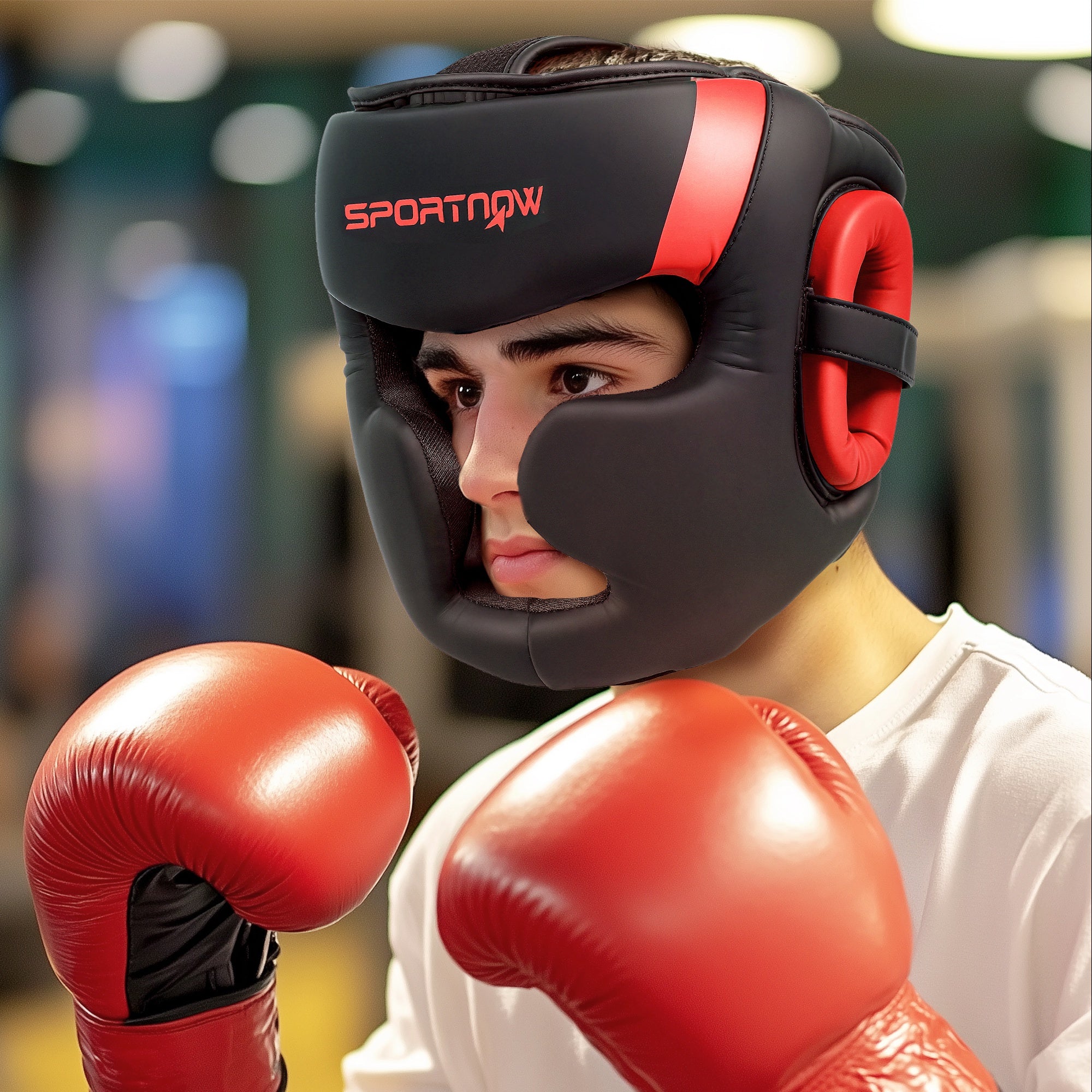 SPORTNOW Boxing Headguard w/ Adjustable Strap for Sparring, Kickboxing, MMA, Red/Black